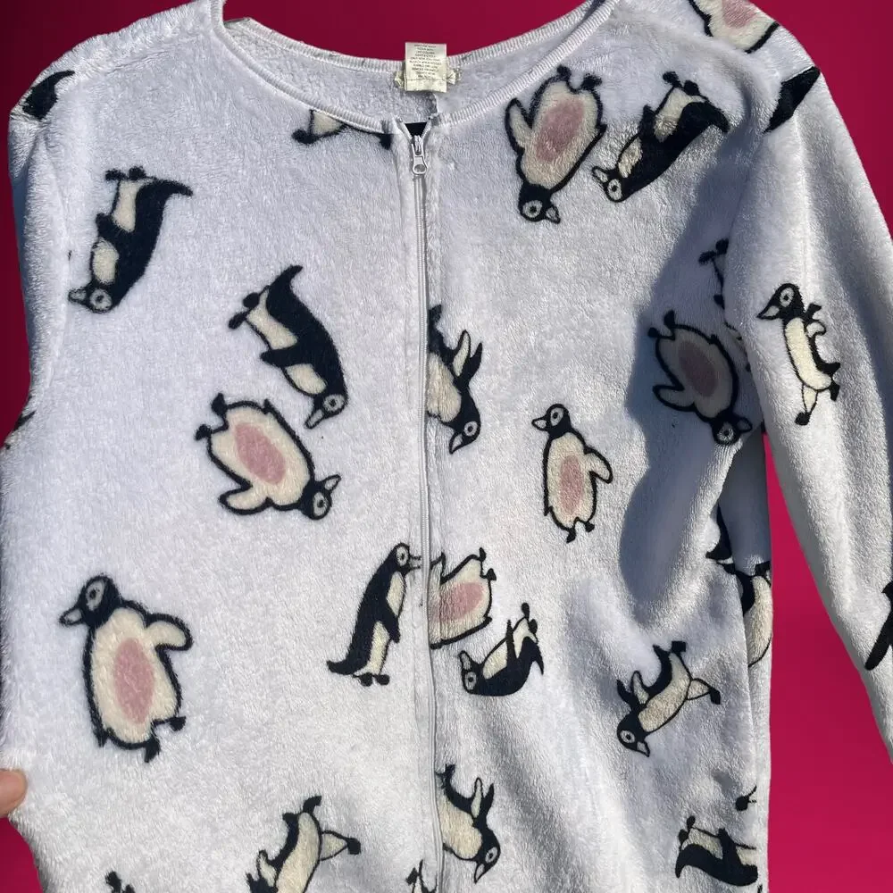 Wet Seal Adult Onesie Pajamas Medium Open Foot Faux Fur Lines Zip Up Penguin
